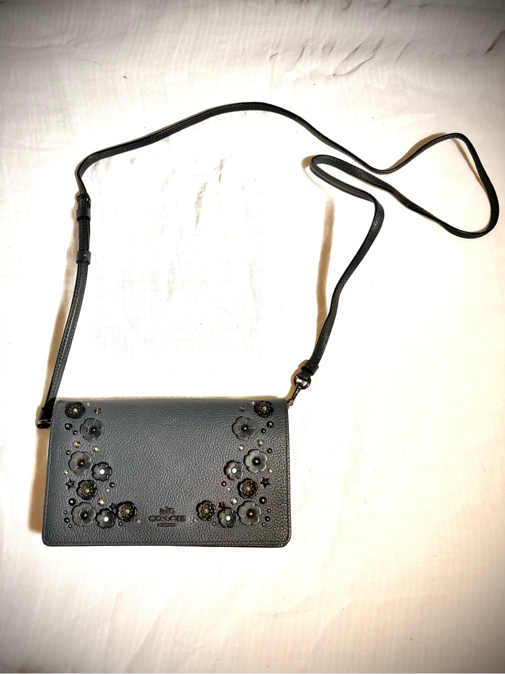 Coach Phone Crossbody – Dark Blue Pebbled Floral & Studs– Like New - Picture 4 of 9